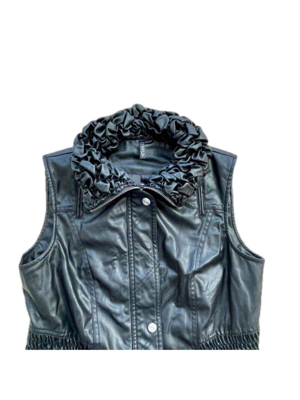 Black Vegan Leather Ethyl Vest, Ruffled Collar, Size M - Picture 5 of 14